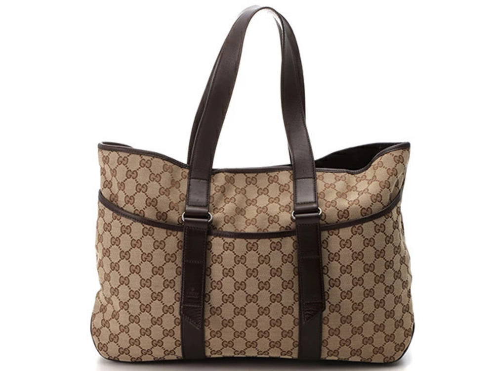 Gucci tote bag GG canvas calfskin Beige Cream brown